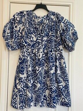 Emma & Michele Blue and White Paisley Puff-Sleeve Dress
